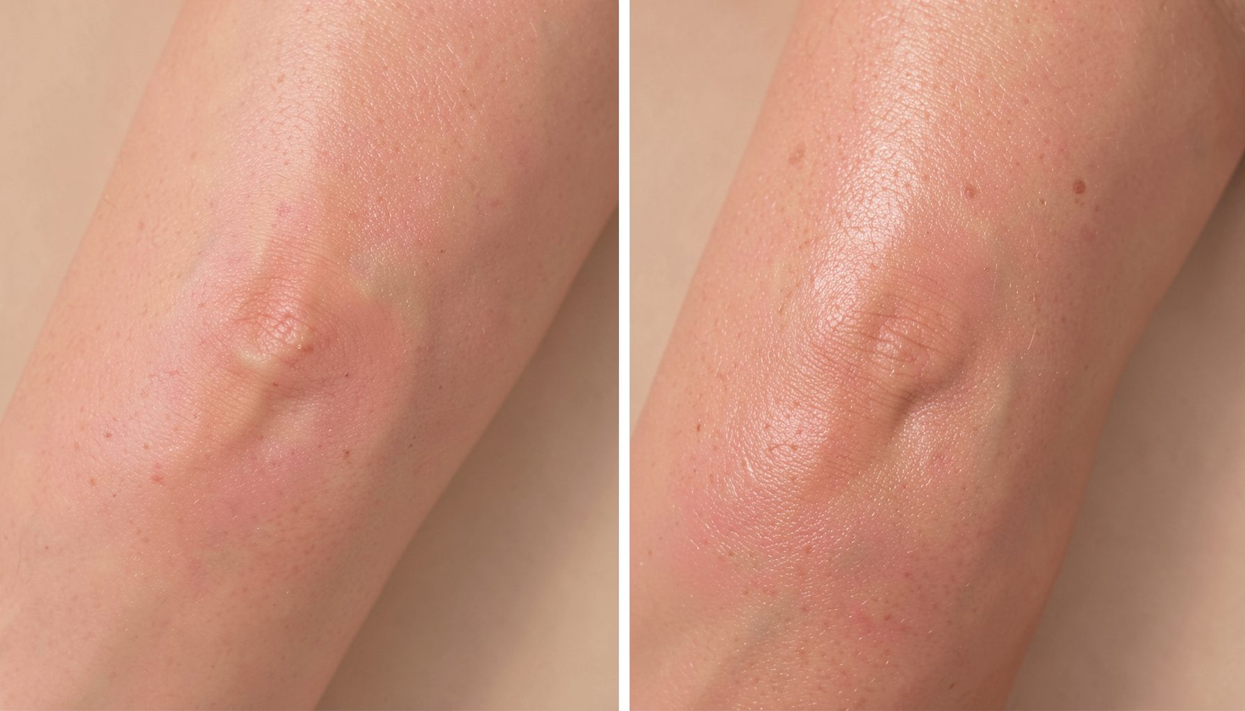 Dual-panel on a neutral tan ground contrasting duller skin with a radiant, refreshed result