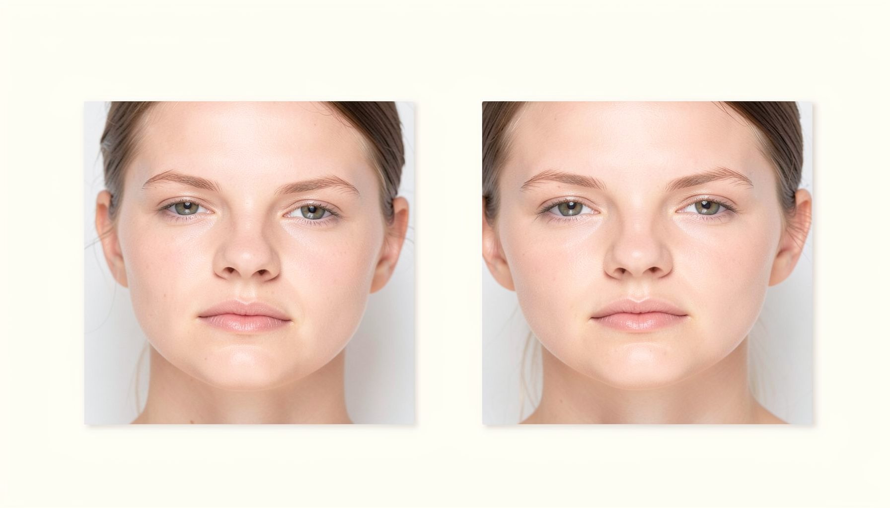 Two-frame display on a creamy white background showing a dull-to-smooth skin transformation