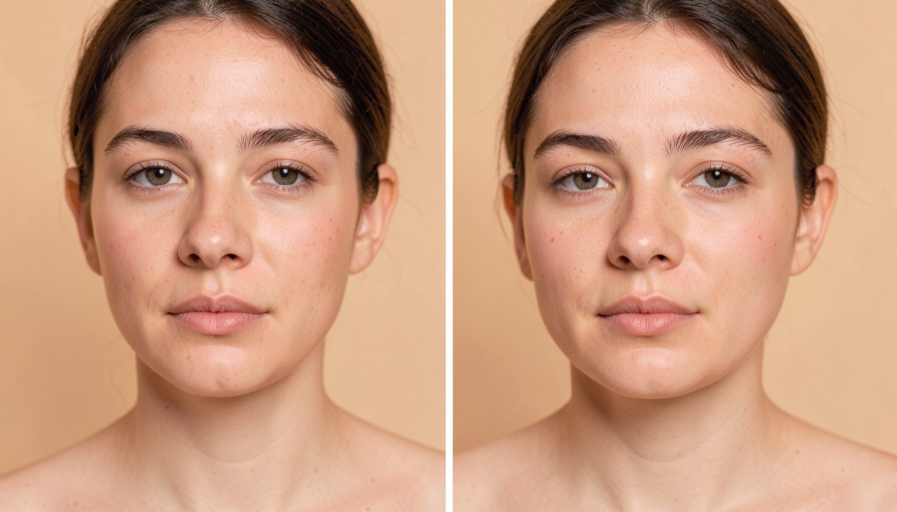 Side-by-side comparison on a warm beige background showing a visible transformation in skin tone