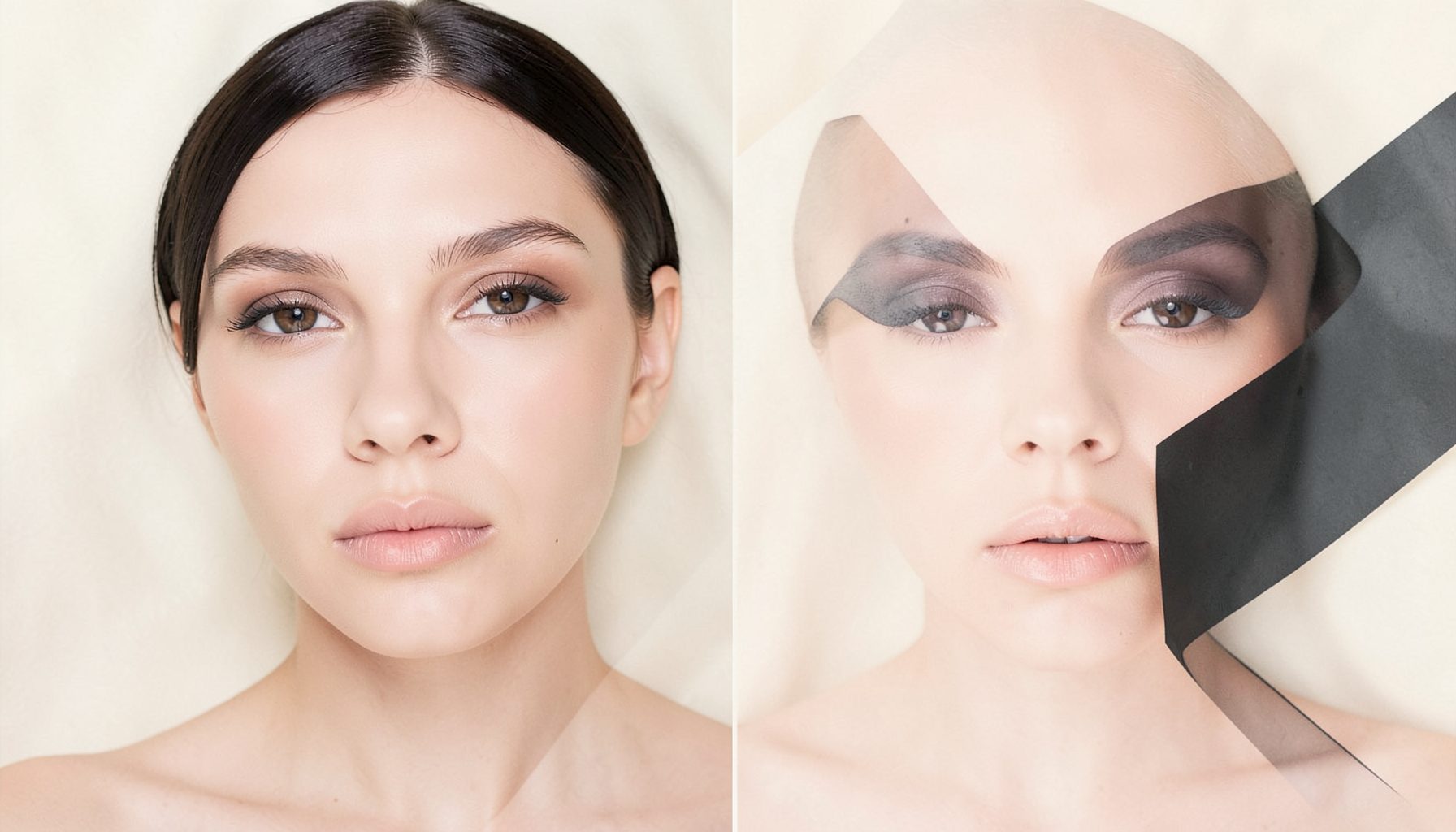 Split-frame on a soft cream backdrop contrasting darker patches with a noticeably lighter, smoother complexion