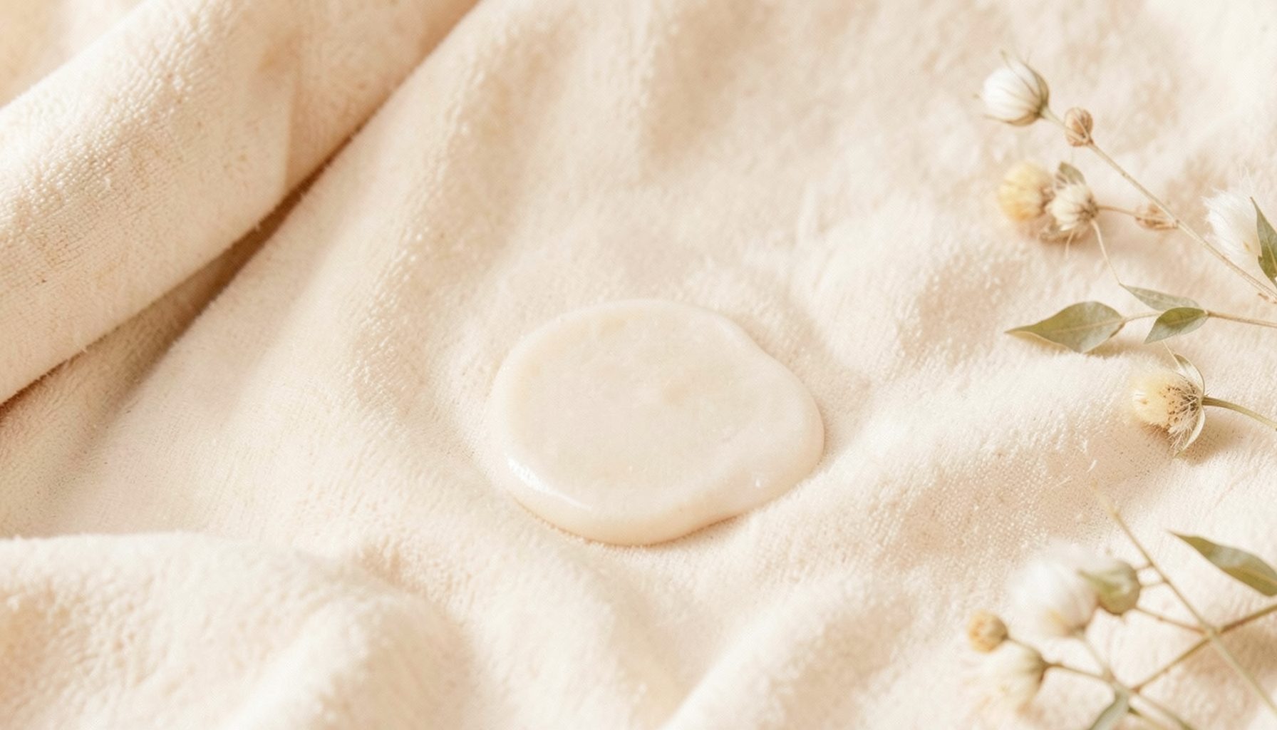 Soft natural textures in warm beige and cream tones with subtle botanical accents, evoking a gentle skincare atmosphere