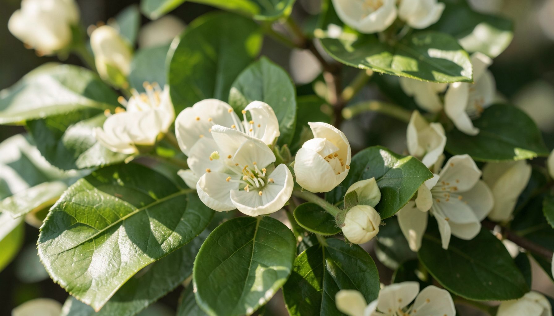 Soft natural light falling across fresh botanical leaves and pale cream blossoms, serene and organic