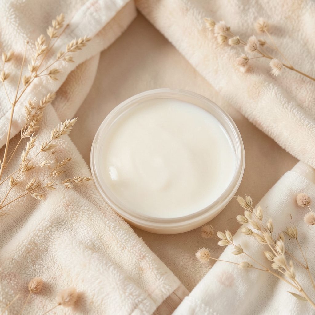 Soft natural textures in warm beige and cream tones with subtle botanical accents, evoking a gentle skincare atmosphere
