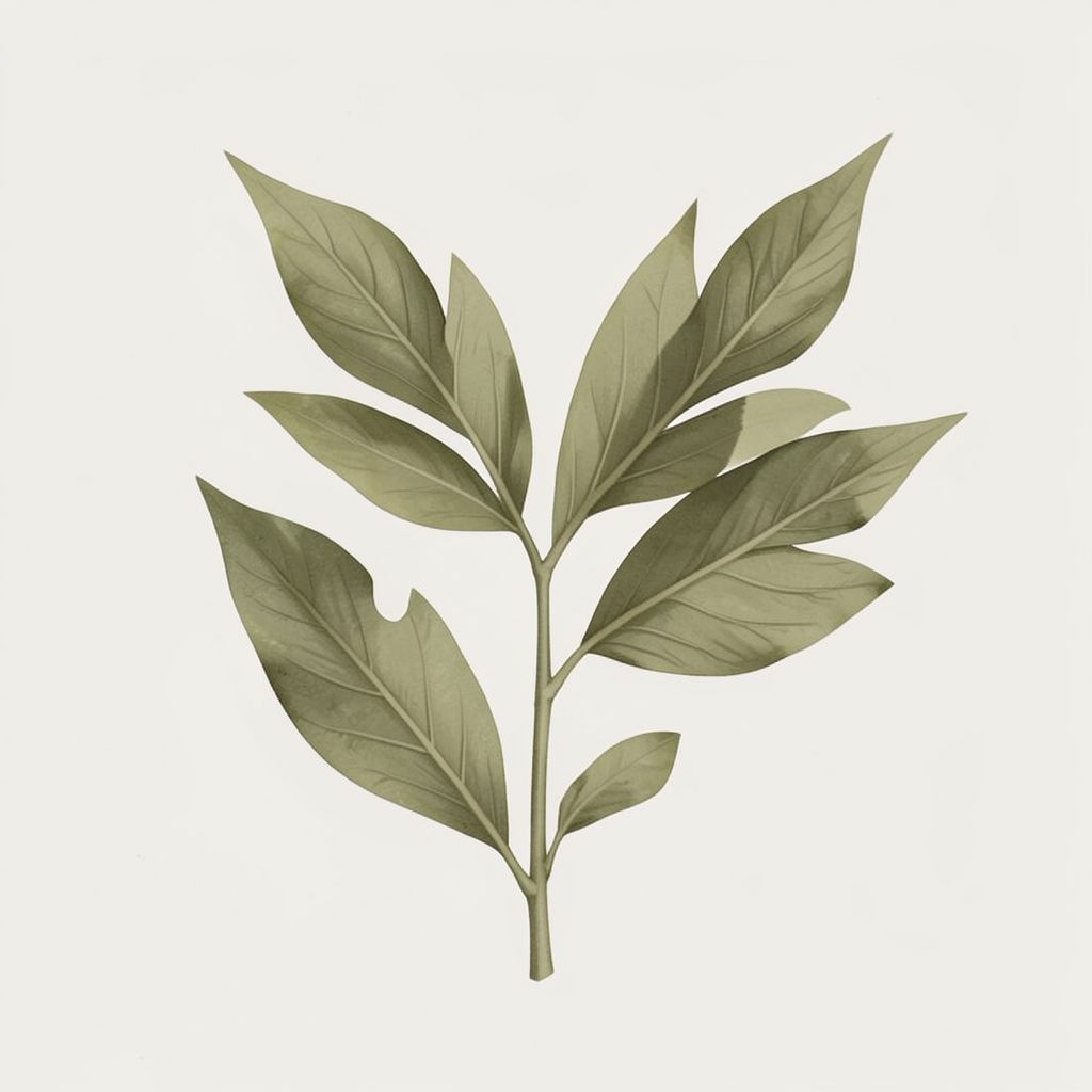 Soft botanical illustration of green leaves in muted olive tones on a light background